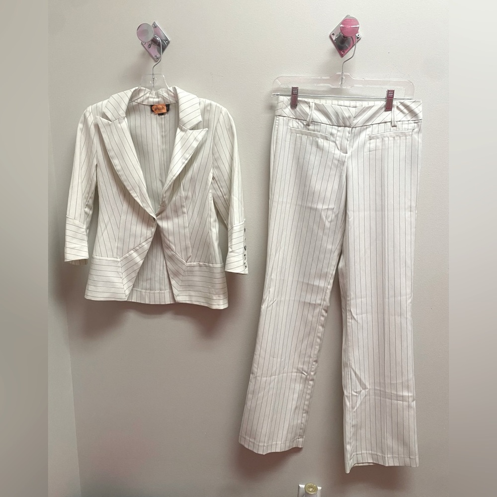 White Suit Set w/ Light Grey Vertical Stripes